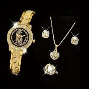 Luxury Rhinestone Quartz Watch Hiphop Fashion Analog Wrist Watch & 5pcs Jewelry